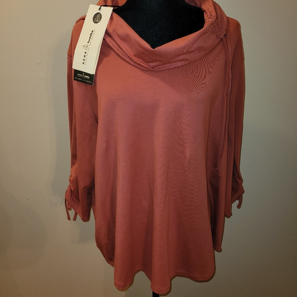 NWT NEON BUDDHA Tie Cowl-Neck Tee Soft Jersey Slub Rust Orange 3/4 Sleeve Top